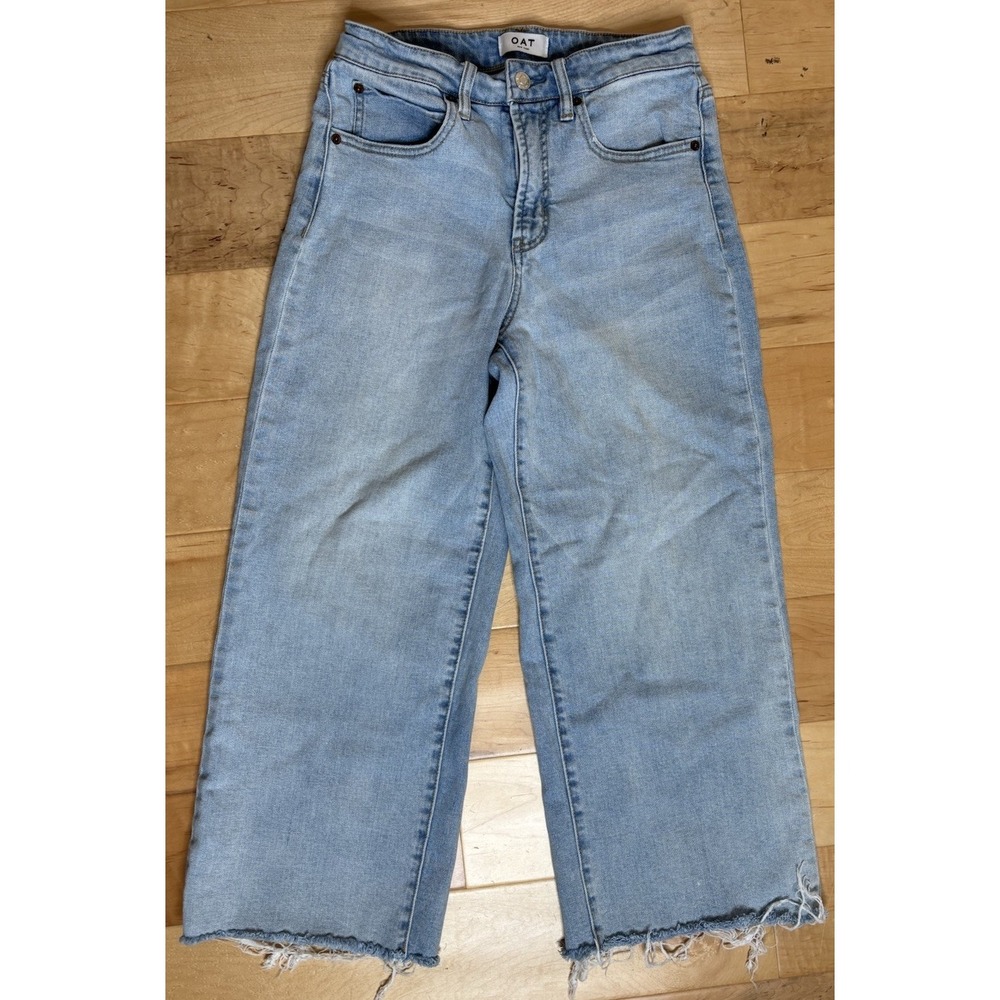 OAT New York Jeans High Rise Wide Leg Raw Hem Denim Blue Light Wash Size 28